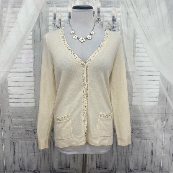 Talbots Small Petite Cardigan Lambswool Rabbit Hair Beige Snap Buttons Beads NEW - Picture 1 of 12
